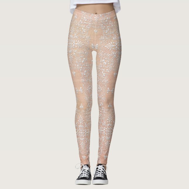 Leggings Guêtres de dentelle de damassé de diamant de pêche (Devant)