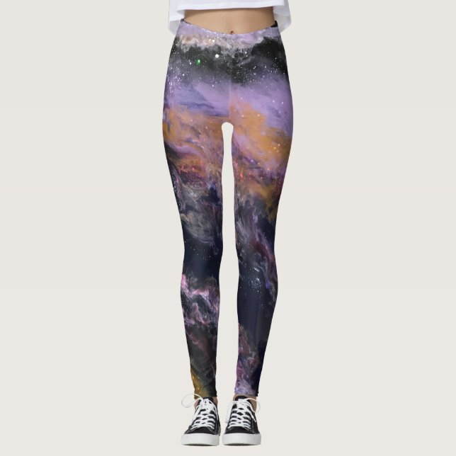 Leggings Guêtres de noir, de lavande et de pêche - "galaxie (Devant)