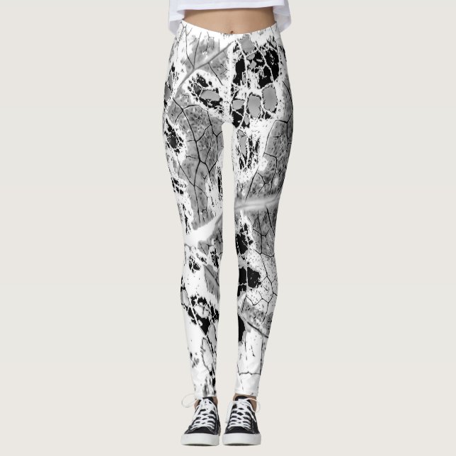Leggings Guêtres noires et blanches d'impression de feuille (Devant)