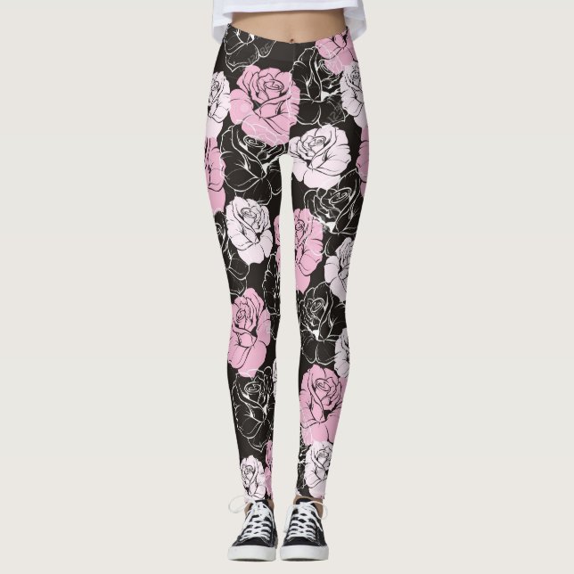 Leggings Guêtres noires roses de fleur blanche (Devant)