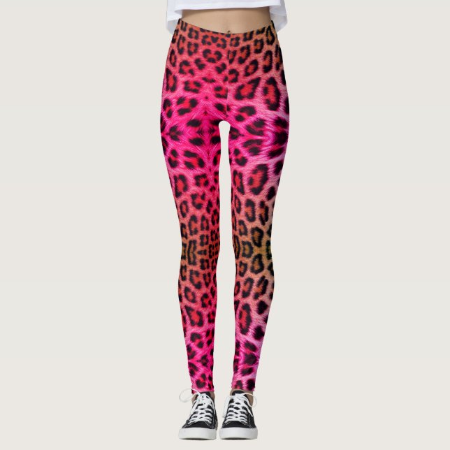 Leggings guêtres roses au néon d'empreinte de léopard (Devant)