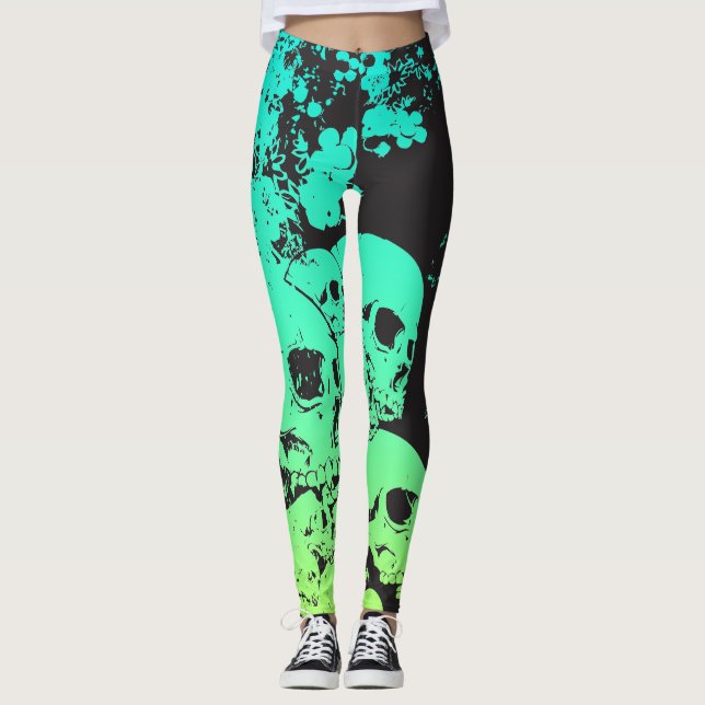 Leggings Guêtres turquoises/vertes de crânes (Devant)