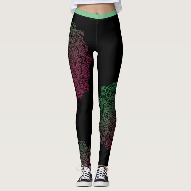 Leggings Guêtres vertes de fleur de mandala (Devant)