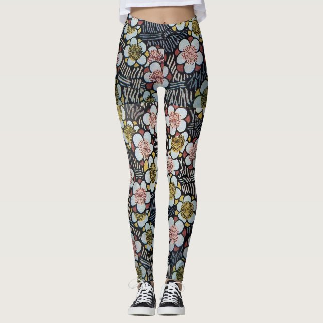 LEGGINGS HAIKU/ FLEURS DE PRINTEMPS JAUNE ROSE BLANC NOIR (Devant)