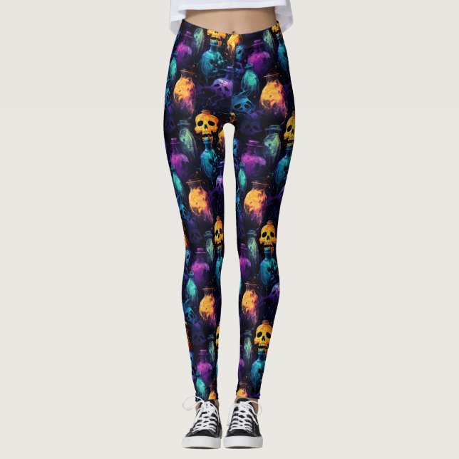 Leggings Halloween Crâne effrayant Orange Purple Bleu brill (Devant)