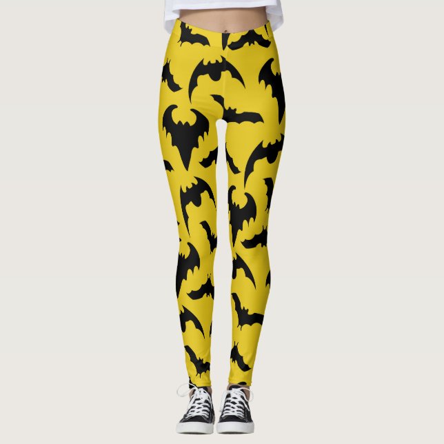 Leggings Halloween des chauves-souris jaunes et noires (Devant)