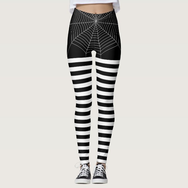 Leggings Halloween noir blanc toile d'araignée motif (Devant)