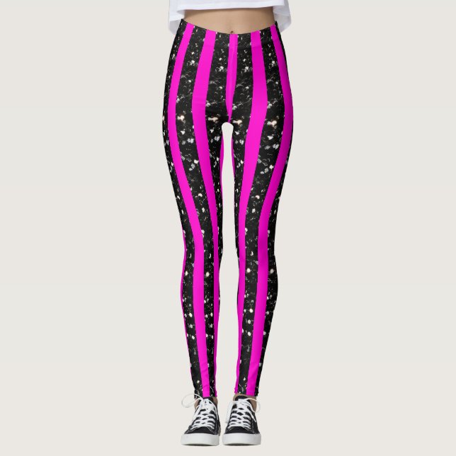 Leggings Halloween Noir scintille lignes rayures sur rose c (Devant)