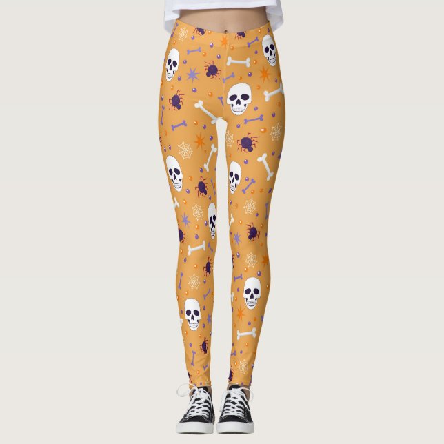 Leggings Halloween Orange et Crânes, os, araignées et Web (Devant)