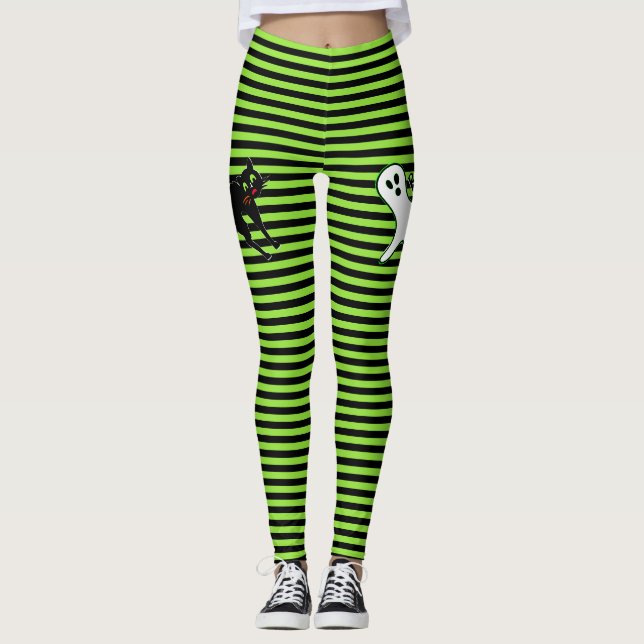 Leggings Halloween Partie Éffrayante Chat Cute Fantôme Noir (Devant)