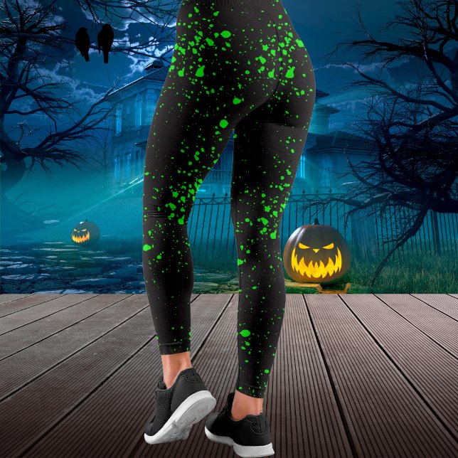 Leggings Halloween toxique d'oze noir et vert (Black & Green Splatter Ooze Halloween Leggings)
