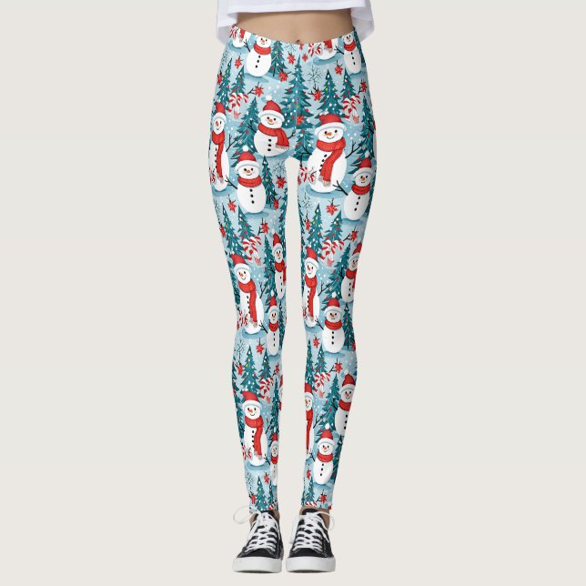 Leggings Happy mignonne Festive Snowmen en bleu et rouge (Devant)