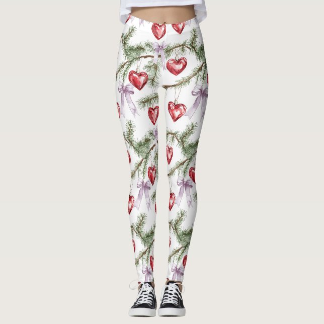 Leggings Hearts Trees Red Purple Bows Christmas (Devant)