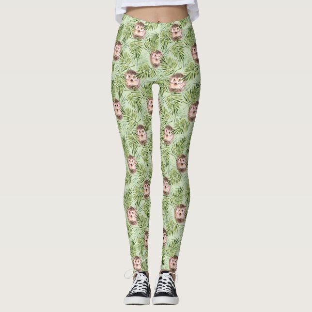 Leggings Hérisson et feuilles verts (Devant)