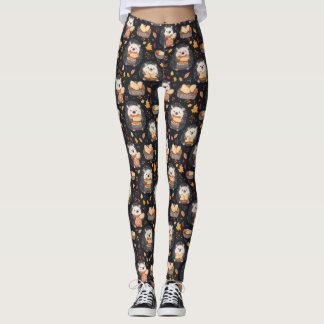 Leggings Hérisson mignon avec pain et feuilles d'automne