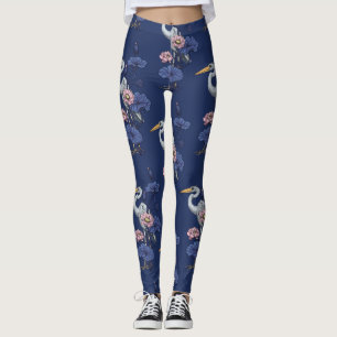 Leggings Héron dans le jardin de lotus rose sur fond bleu d