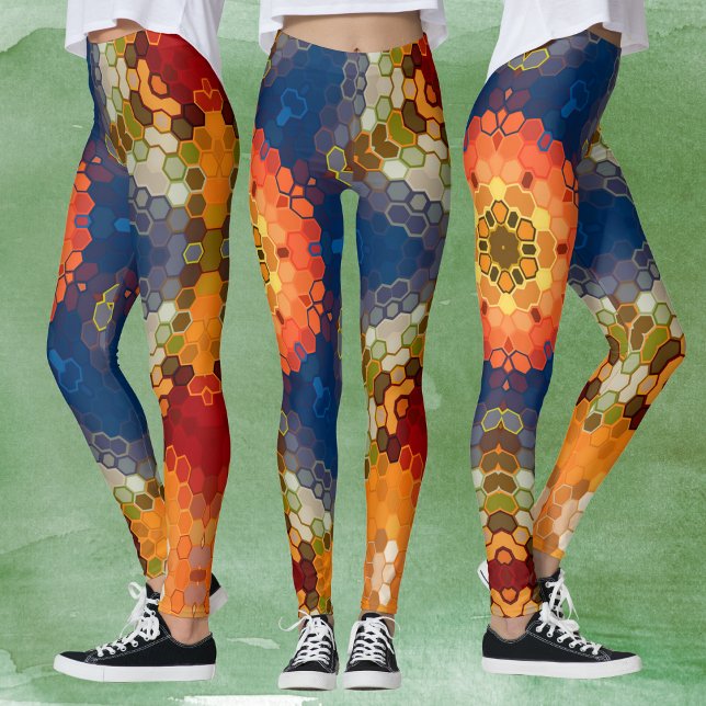 Leggings Hex Mandala bleu orange et rouge (Blue Orange and Red Hexagon Mandala Leggings by Wormhole Orbital)