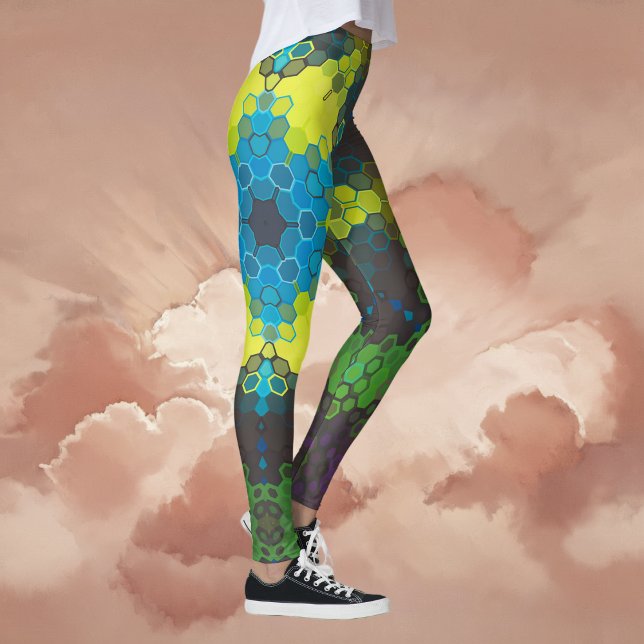 Leggings Hex Mandala vert jaune et bleu (Green and Blue Hexagon Mandala Leggings By Wormhole Orbital)