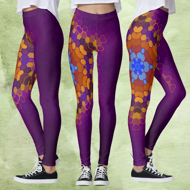 Leggings Hex Mandala violet orange et bleu (Créateur téléchargé)