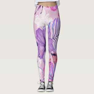 Leggings Hibiscus fleurs et colibri : mauve sans soudure