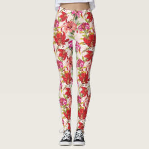 Leggings Hibiscus floral rouge et rose