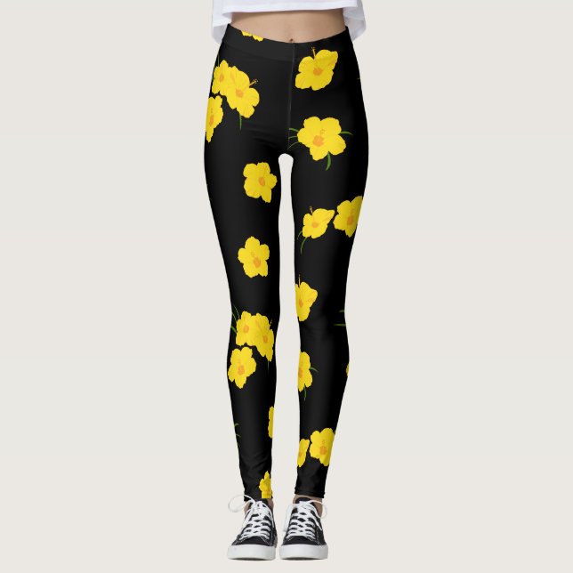 Leggings Hibiscus Jaune Noir Motif (Devant)
