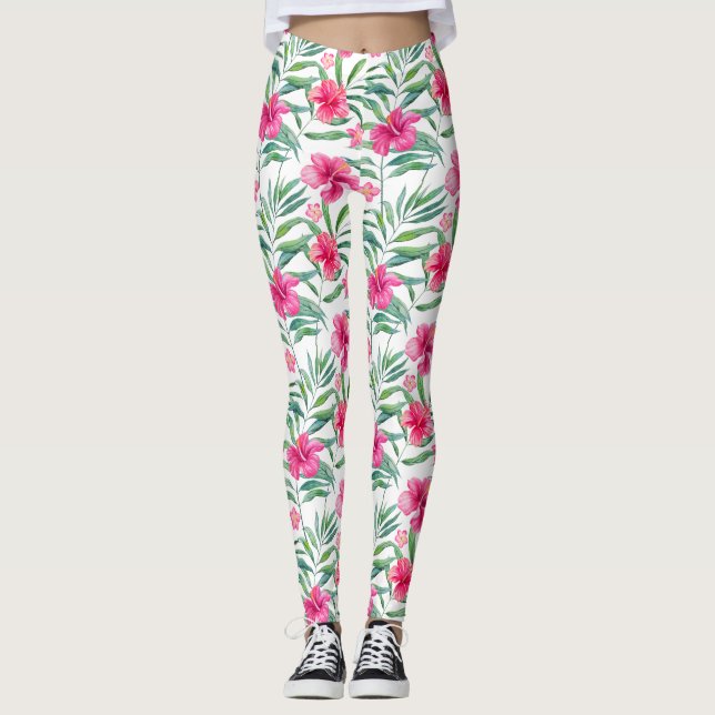 Leggings hibiscus rose avec motif tropical feuille (Devant)