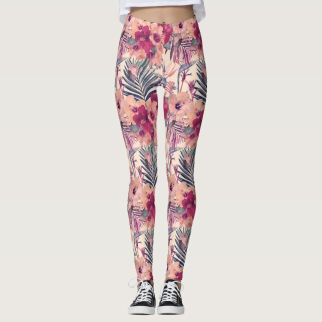 Leggings Hibiscus Tropical Rétro Motif Wren (Devant)