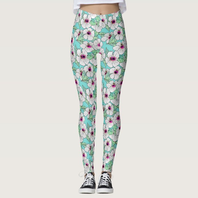 Leggings Hibiscus tropical rose et blanc Motif floral (Devant)