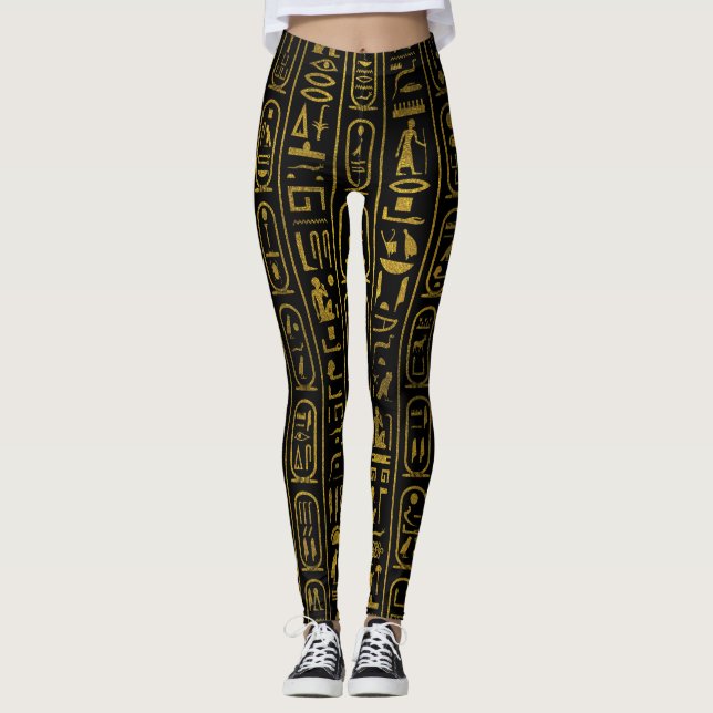 Leggings Hiéroglyphes antiques égyptiens d'or sur le noir (Devant)