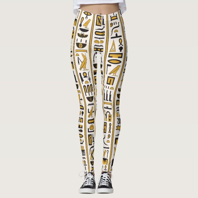 Leggings Hiéroglyphes égyptiens : Jaune-Noir Sans Seamless. (Devant)