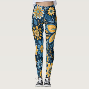Leggings Hippie rétro Fleurs Vintages Design bleu jaune