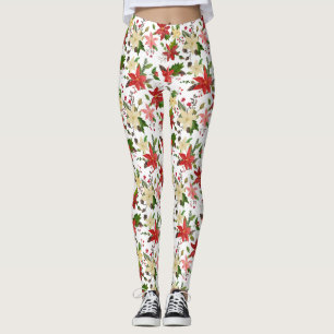 Leggings Holiday Poinsettia Holly Red Motif de Noël