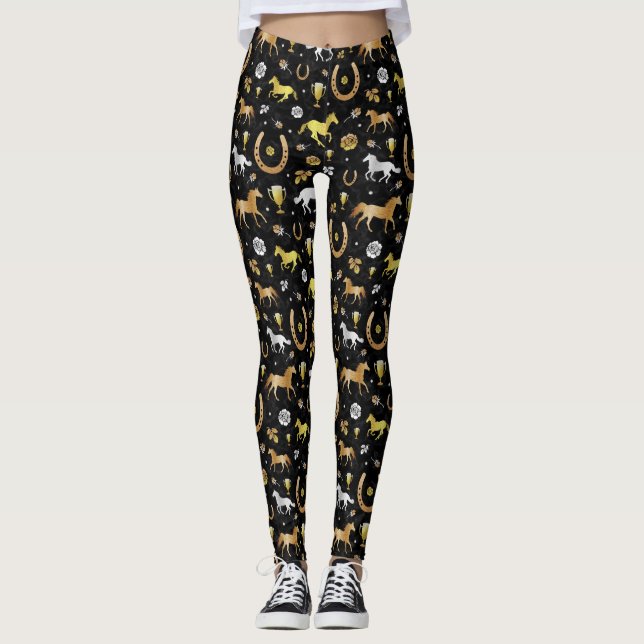 Leggings Horse Racing Derby Day Party Black Gold Motif (Devant)
