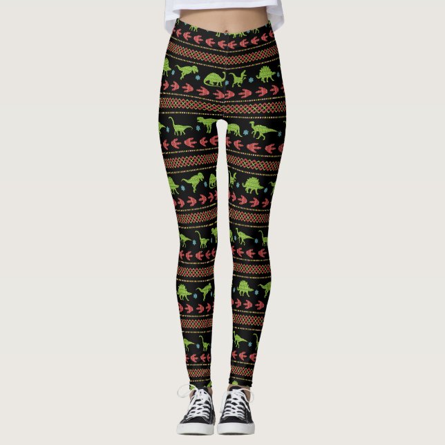 Leggings Île juste brodée par Knit de dinosaures de Noël (Devant)