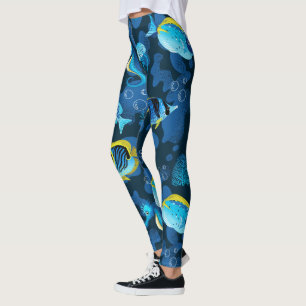 Leggings Illustration de poissons jaunes bleus tropicaux