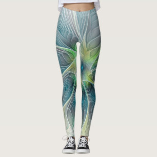 Leggings Imaginaire fleuri Moderne Bleu Vert Fractal Fleur
