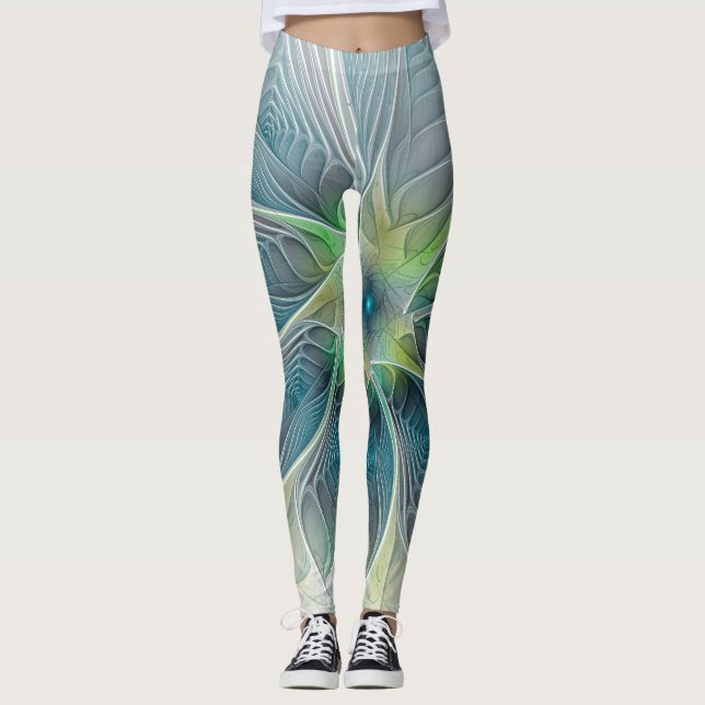 Leggings Imaginaire fleuri Moderne Bleu Vert Fractal Fleur (Devant)