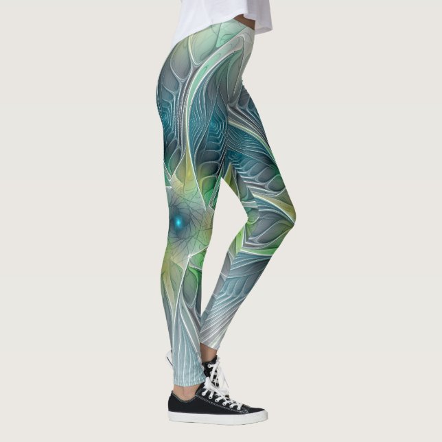 Leggings Imaginaire fleuri Moderne Bleu Vert Fractal Fleur (Droite)