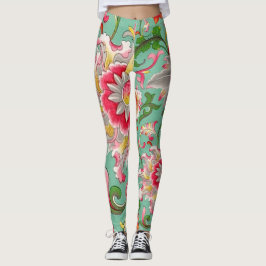 Leggings Imaginaire Floral Oriental Chinoiserie sur Vert