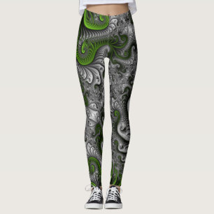 Leggings Imaginaire Monde Vert Et Gris Art Fractal Abstrait