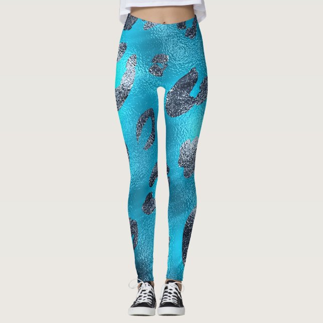 Leggings Impression léopard argent et bleu aspect brillant  (Devant)