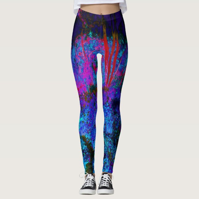 Leggings Impressionistic Dark Blue and Red Garden Landscape (Devant)