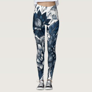 Leggings Imprimé floral bohème bleu et blanc