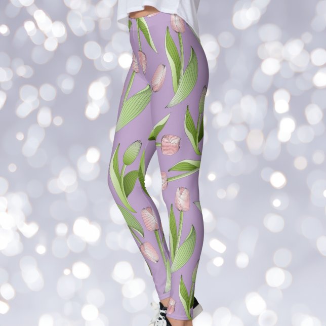 Leggings Imprimé Tulipe Rose Moderne Violet Clair (Créateur téléchargé)