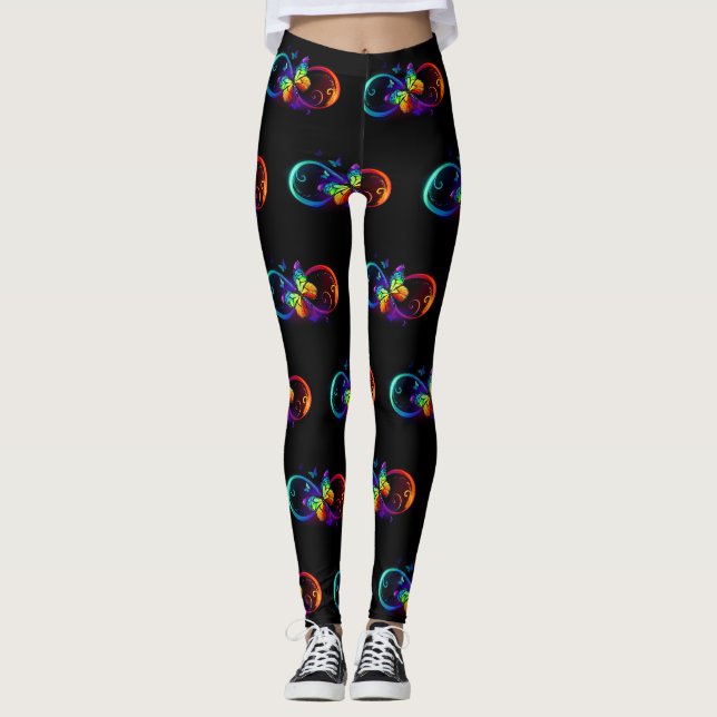 Leggings Infini vibrant avec papillon arc-en-ciel sur noir (Devant)