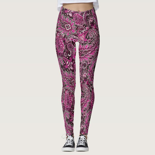Leggings Intricate Paisley in Vibrant Pinks on Black  (Devant)