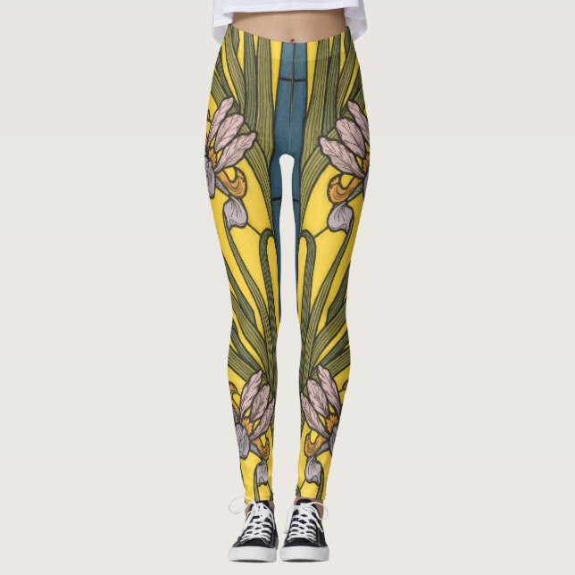 Leggings Iris Fleur Art Nouveau Vitrail Bleu Or (Devant)