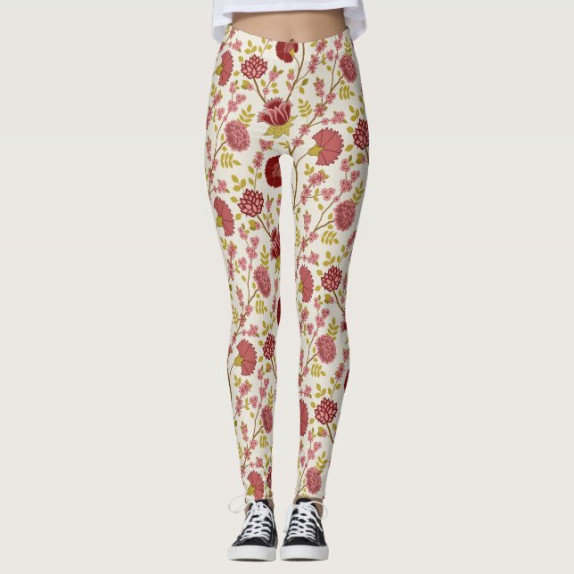 Leggings Jacobean Floral Grand Motif Reds Pinks Gold Creme (Devant)