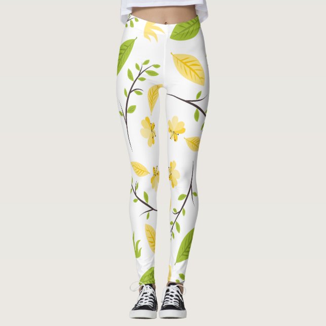 Leggings Jambe blanche avec feuilles verts et fleur jaune (Devant)